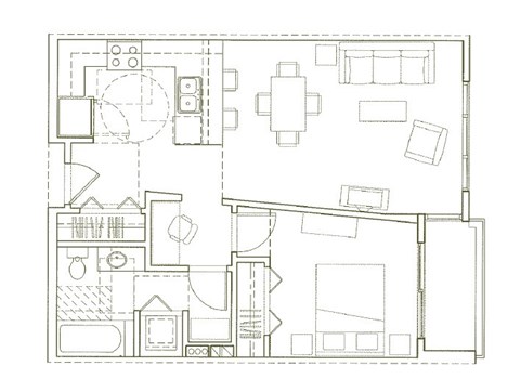 Floor plan for 1 bed, 1 bath, 707 sqft